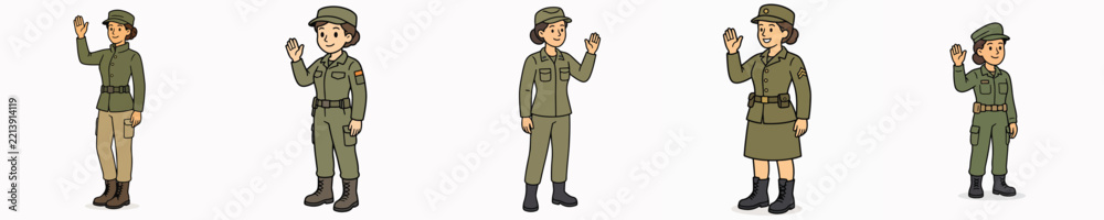 Fototapeta premium Set of vector illustrations of a female soldier standing, smiling, and waving.