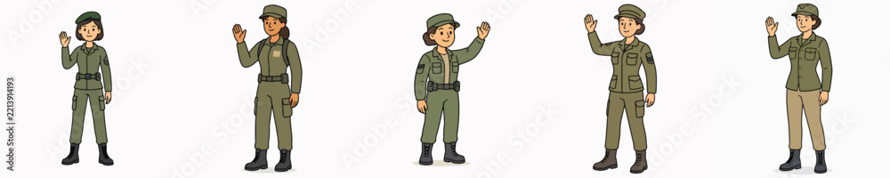 Fototapeta premium Set of vector illustrations of a female soldier standing, smiling, and waving.