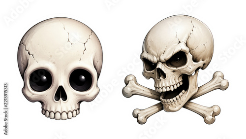 Two illustrated skulls: a cute big-eyed skull and a grim grinning skull with crossed bones, detailed cracked surfaces, stylized cartoon horror/tattoo art on a transparent background