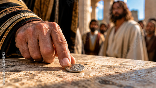 The scribes and high priests show Jesus a denarius bearing the image of the Caesar.