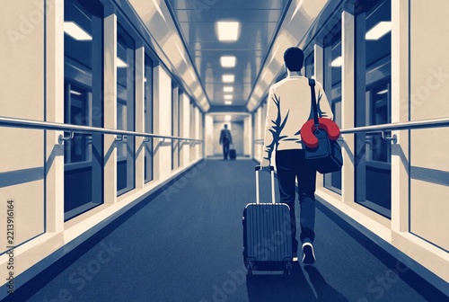 Traveler walking down airport boarding bridge with suitcase