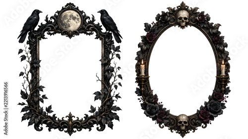 Two ornate gothic picture frames, rectangular with moon and ravens and oval with skulls, roses and candles, dark Victorian baroque style for Halloween, horror and occult themes