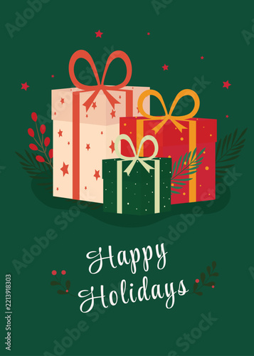 Festive Happy Holidays greeting card featuring colorful Christmas gift boxes, decorative branches and stars on a green background.