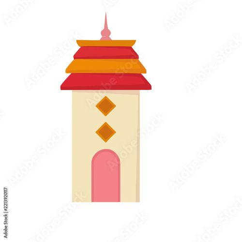 Stylized building with layered roof and arched doorway