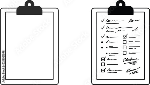 Black and white vector illustration of two clipboards with and without a completed checklist