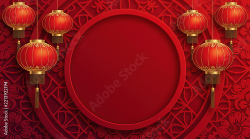 Chinese New Year red background with round frame and hanging lanterns