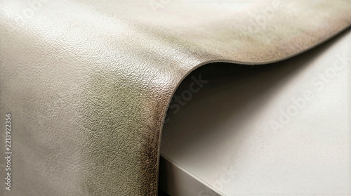 Oyster white textured vinyl upholstery sheet curving over a white bench. Close-up of synthetic leather material with grain detail. Interior design, furniture manufacturing and textile concept