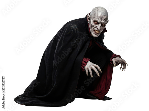 Sinister vampire in black cape with sharp fangs crouching isolated on transparent background