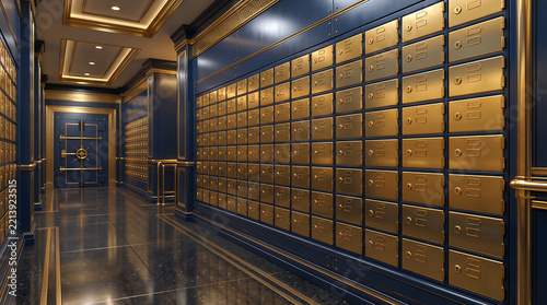 A perspective view of a bank vault corridor featuring rows of metallic gold safety deposit boxes, dark blue walls, and a heavy steel vault door at the end of the hallway