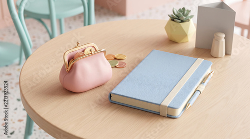 A photorealistic 3D render of a pink coin purse, a light blue notebook with a pen, and scattered coins on a round wooden table in a cafe setting