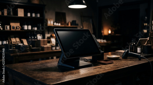 A point of sale terminal with a blank black screen sitting on a rustic dark wooden checkout counter inside a dimly lit retail shop