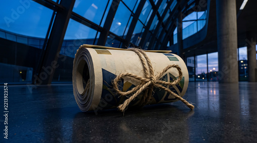 A rolled-up architectural blueprint tied with twine, resting on a polished dark floor inside a glass-walled building at twilight