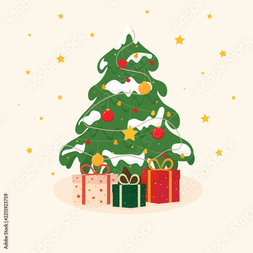 Colorful Christmas gift boxes with ribbons, stars and decorative branches on a green festive background.