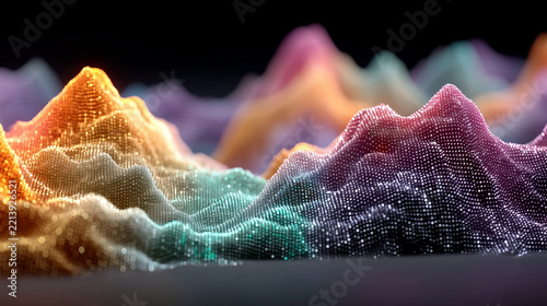 Colorful glowing particle waves on black background abstract landscape