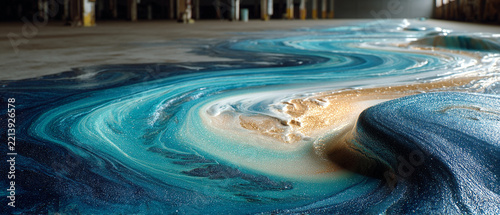 Blue and gold glitter epoxy resin floor with swirl pattern in an industrial building