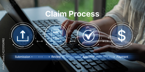Visual representation of a digital claim process highlighting submission, review, approval, and payment steps with a user typing on a keyboard in a modern workspace. Nascent