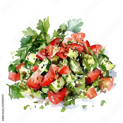 Tabbouleh Salad, watercolor vector artwork, isolated on a white background.