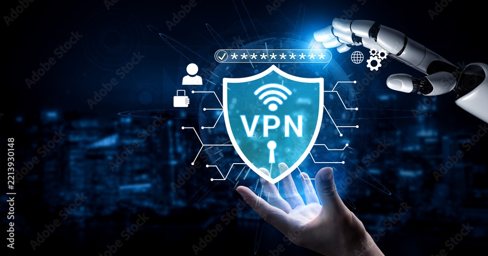 Fototapeta premium Futuristic Technology Concept of Cybersecurity with Robotic Hand Interacting with VPN Shield and Network Connections in Digital Environment Haptic.