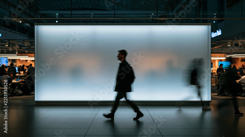 Silhouette of People Walking Past Blank Illuminated Billboard