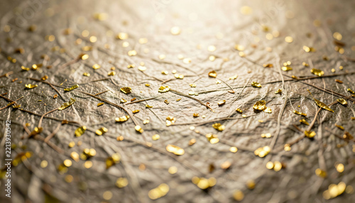 Handcrafted Japanese washi paper with raw gold leaf flake and fiber, luxury brand identity wallpaper backdrop.