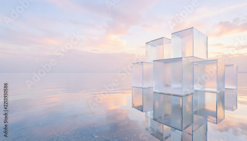 Floating frosted glass display cubes in shallow water at sunrise, luxury beauty product display backdrop.