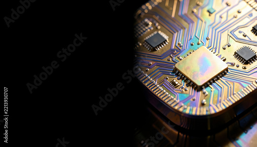 Cleanroom microchip semiconductor wafer with gold silicon circuits, enterprise cloud technology web hero banner.