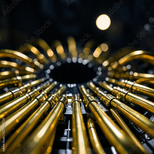 Quantum computing cooling processor with gold coaxial cables, modern datacenter technology hero background.