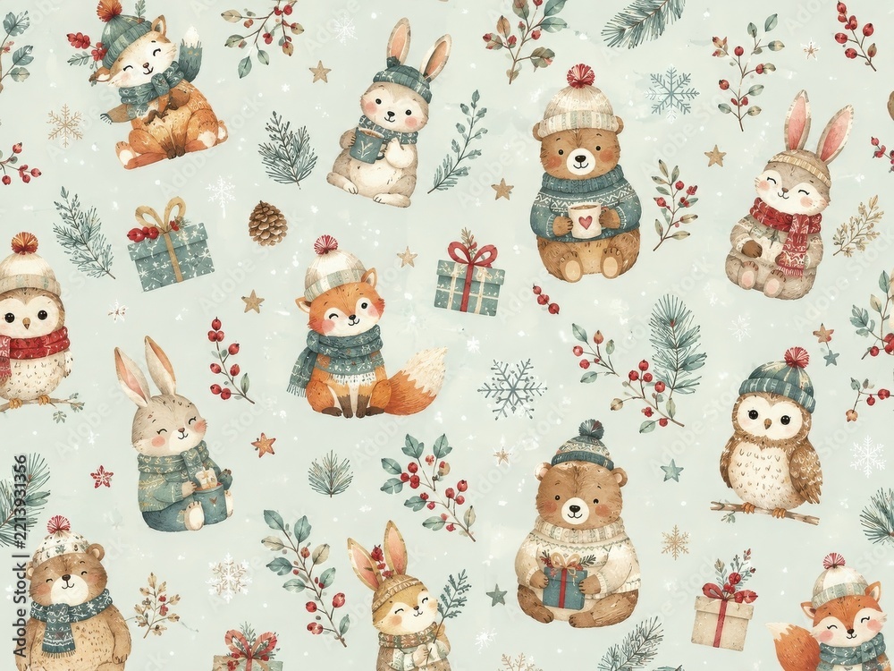 Fototapeta premium Whimsical watercolor woodland animals festive holiday pattern