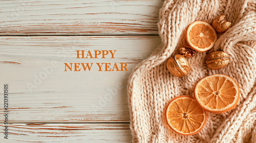 Happy New Year 2027 text in a warm hand-drawn serif font in the open space of a rustic banner