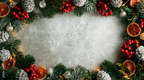 An elegant, festive winter holiday flat lay border with a wreath-like composition of noble fir branches, frosted pinecones, and red winterberries on a white frosted glass texture