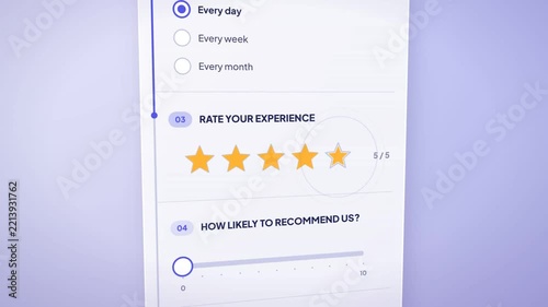 Online feedback survey form fills with checkboxes, star rating, slider and comment, then shows submitted check