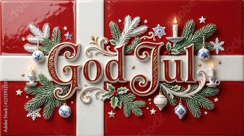 Luxury Danish Christmas greeting card with porcelain Dannebrog, ceramic decorations and elegant God Jul lettering