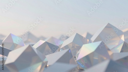 close group triangular shaped objects appear shiny reflective material objects arranged way overlapping creating sense depth dimension background pale blue sky gradient effect giving dreamy ethereal