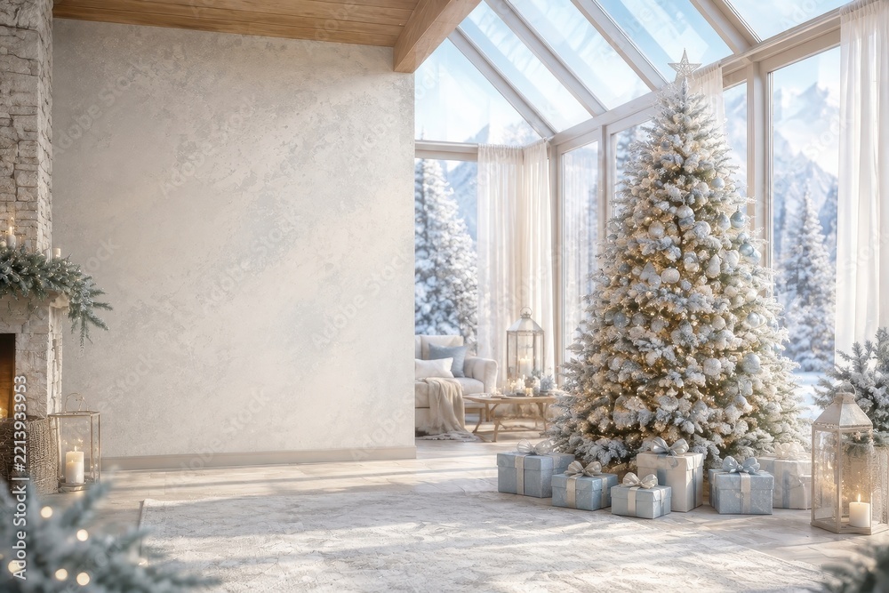 Fototapeta premium Elegant snowy Christmas living room with decorated tree and gifts