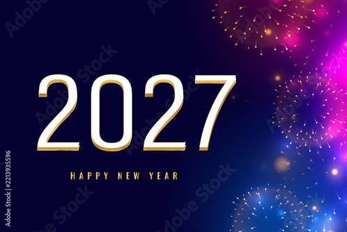2027 Happy New Year and Merry Christmas background with fireworks. Vector corporate blue and gold elegant greeting card design for company celebrations, business greeting cards