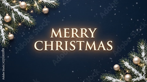 Festive christmas greeting with snow covered fir branches and golden ornaments against a dark blue background