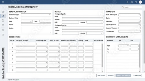 Customs clearance software with blank form fields on screen, international trade and import export concept