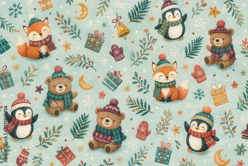 Fototapeta premium Woodland animals festive gifts seamless winter holiday pattern