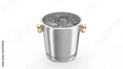 Falling ice cubes into silver ice bucket with golden handles