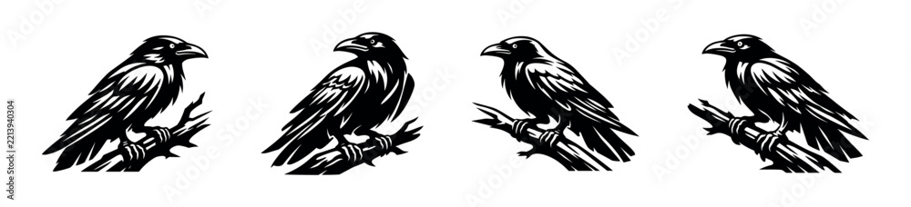 Fototapeta premium Set of Four Stylized Raven Silhouettes