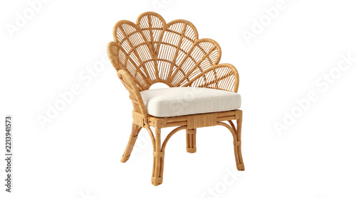 Boho rattan armchair with flower shaped backrest, natural wicker accent chair, vintage tropical cane furniture for interior design