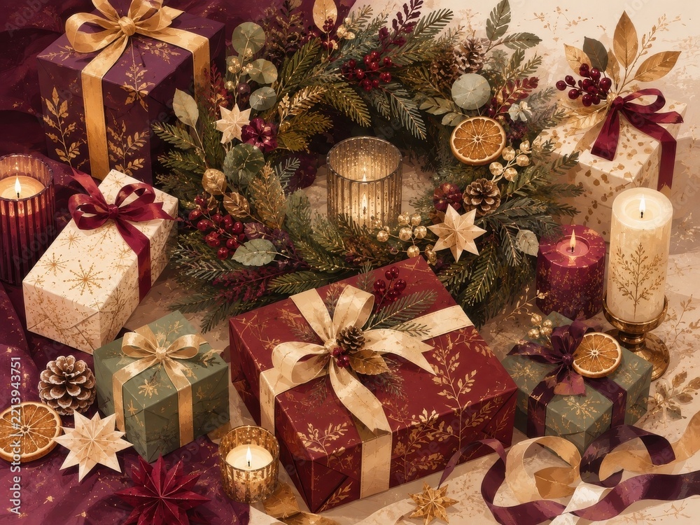 Naklejka premium Elegant Christmas gifts, wreath, candles, ribbons, festive decor