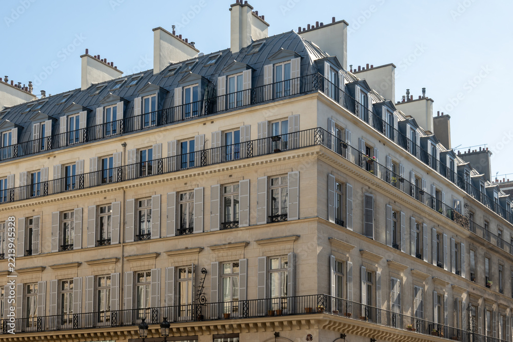 Fototapeta premium Architecture of Paris, Parisian neoclassical architecture facades, sculptural ornament and wrought-iron detailing, city's varied historical building types and styles