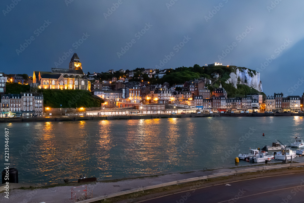 Obraz premium Views of Le Treport, seaside resort in Normandy, France, with white cliffs along English Channel, fishing industry and old buildings, travel destination in France