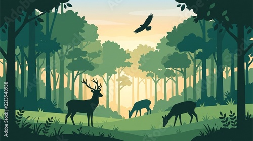 Forest Landscape with Deer Silhouettes at Sunrise