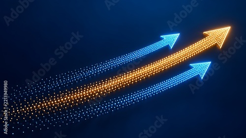 Three glowing arrows formed from dots ascend diagonally on a dark blue background symbolizing progress growth and success with a leading orange arrow.