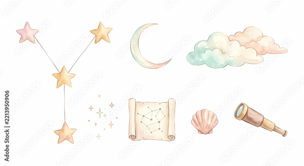 Obraz premium かに座の星座と夏の夜空の星図 クリップアート 水彩