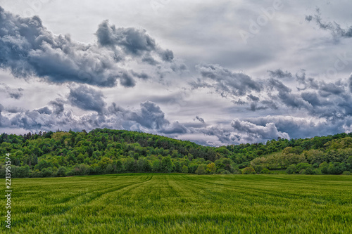 Beautiful field, hill and clouds