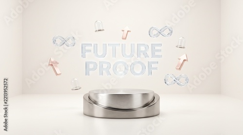 Premium future proof concept of crystal typography above platinum podium with floating glass icons on bright white background with copy space