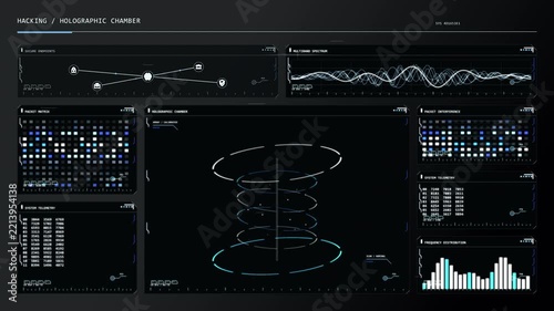  Futuristic sci-fi deep space telemetry HUD interface with radar, data charts, graphs, and digital control panels for tech and gaming projects.
